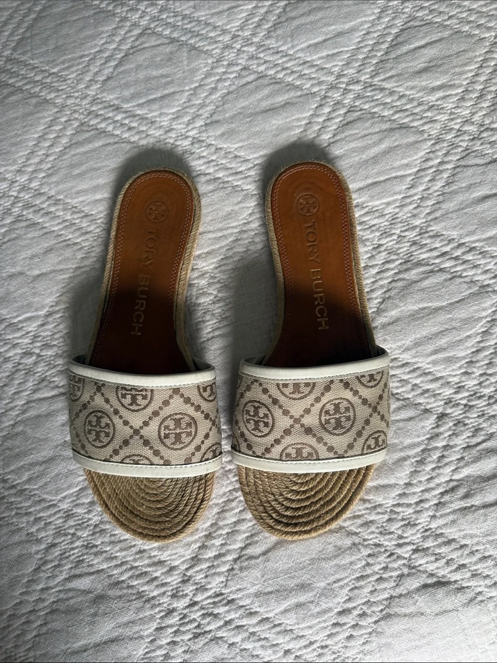 Tory Burch Women's T Monogram Espadrille Slide Natural Beige Size 7
